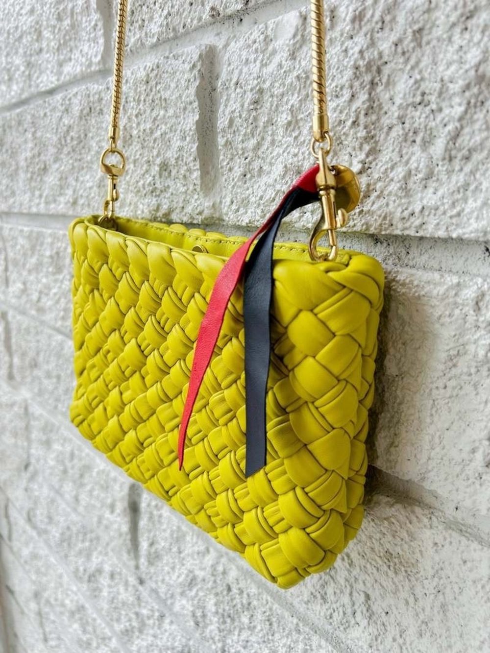 Clare V Braided Crossbody in Chartreuse with Red & Black Straps